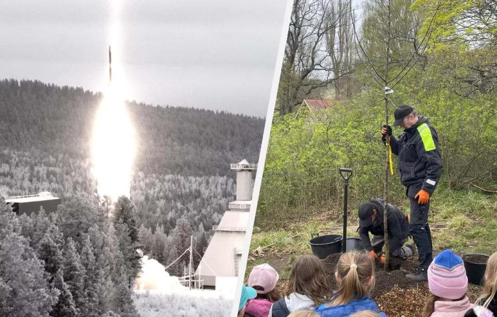 A split image with a science rocket being launched on the left side and the planting of a tree with children watching on the right side