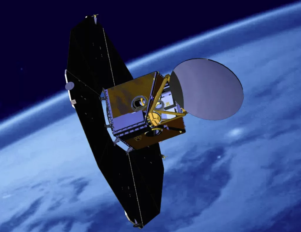 A satellite in space with the Earth in the background