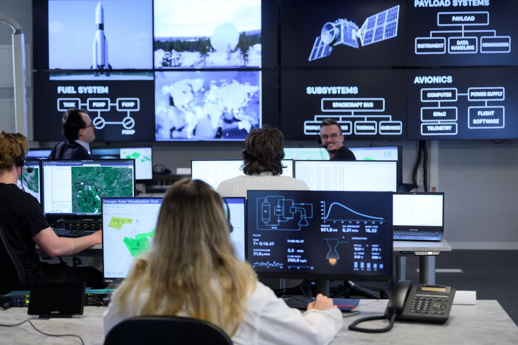 Orbital Launch Control Center at Esrange Space Center. Staff working and screens in the background.