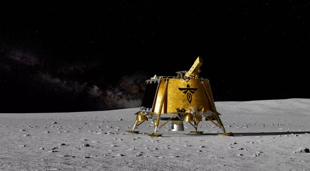 Illustration of a moon lander standing on the surface of the Moon.