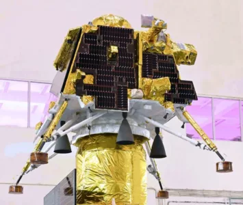 A lunar lander being prepared in the laboratory