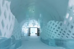 Icehotel in Jukkasjärvi Inside Icehotel with an ice crystal chandelier in the ceiling